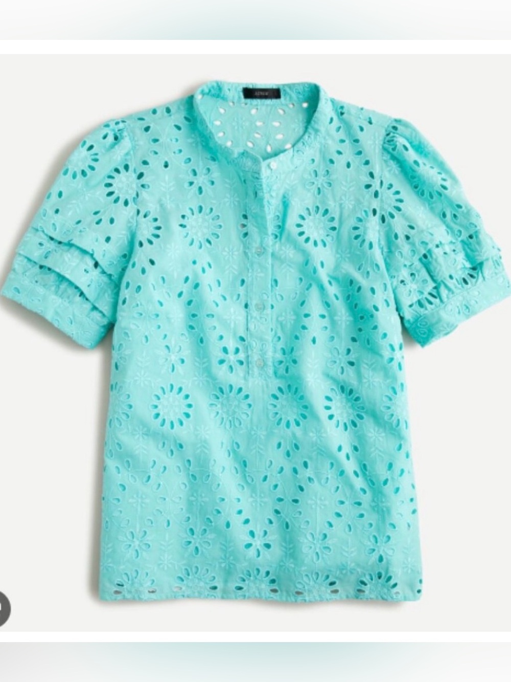NWT J Crew Puff- Sleeve Popover Top in Eyelet Aqua Blue